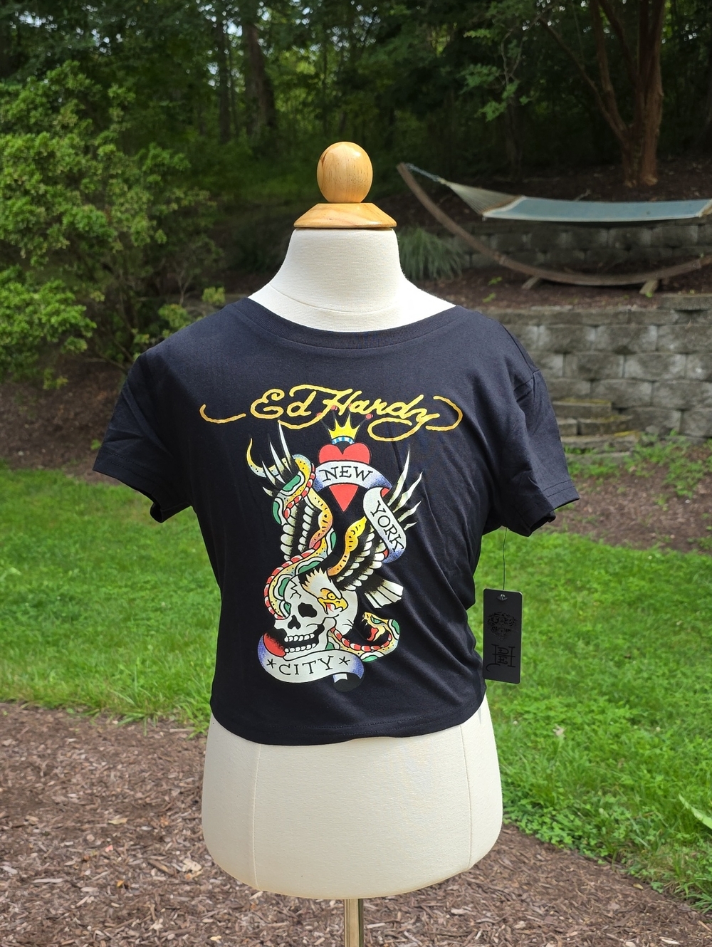 Ed Hardy NYC Crop Tee with Multicolor Tattoo Graphic